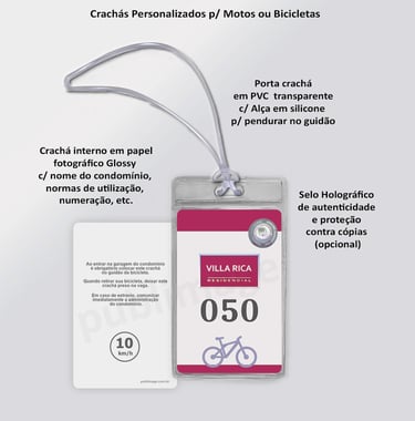 Crachás para identificar bicicletas e motos em condomínios residenciais ou comerciais
