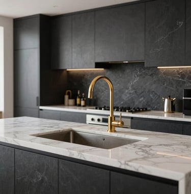 Detail shot of a modern kitchen in a luxury penthouse, featuring dark slate cabinetry, white marble countertops, and polished gold fixtures. Soft, natural lighting.