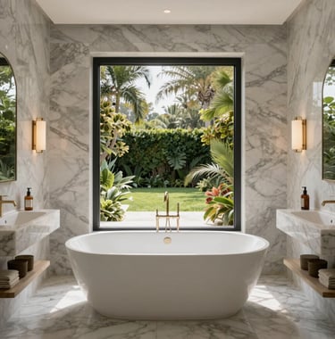 A luxury bathroom with marble walls and a free-standing tub overlooking a private garden in a high-end Hispanic villa.
