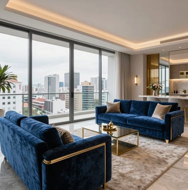 Luxury apartment interior in a Latin American metropolis, featuring floor-to-ceiling windows with a city view, steel blue velvet sofas, and champagne gold decorative accents. High-end real estate photography style.