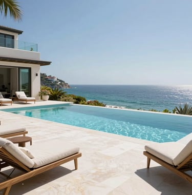 A sun-drenched private infinity pool overlooking the ocean at a high-end coastal villa. Soft white stone terrace and elegant outdoor lounge furniture. Professional architectural photography.