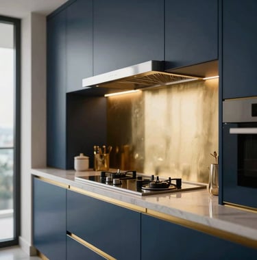 Close-up of luxury real estate details, a designer kitchen with gold finishes and dark blue cabinetry in a Latin American penthouse, soft natural light.