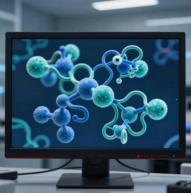 Macro photography of a high-resolution computer monitor displaying complex 3D molecular protein structures in shades of medium blue and teal. The background shows a blurred, high-tech North American / International computational lab environment.