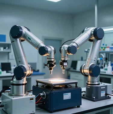 Clean-room photography of a robotic arm performing high-throughput screening in a pharmaceutical research lab. The composition is precise and symmetrical, featuring a palette of steel, dark blue, and teal in a North American / International setting.