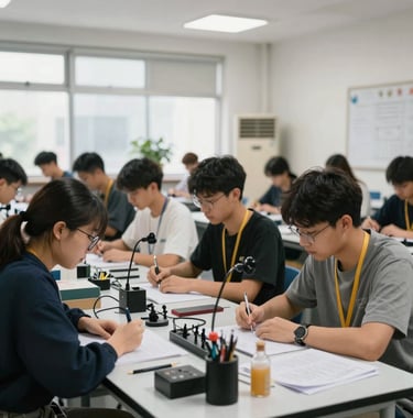 A vocational training center in a North American city with students learning advanced technical skills, bright natural light, professional environment.