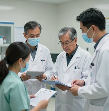 A clinical setting in the US where medical researchers and community workers review data together, emphasizing preventive healthcare models.