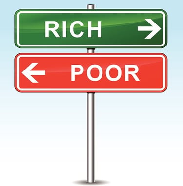 imagem ilustrativa de uma placa de sinalização escrita pobre e rico mostrando direções distintas.