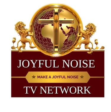 Joyful Noise TV Network logo with a golden cross, globe, and lions on a maroon background.