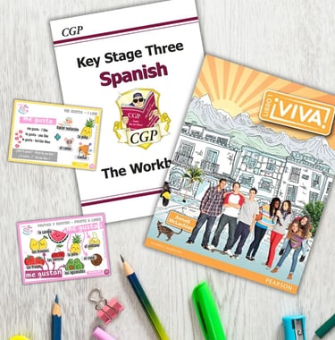 A picture of Spanish books for KS3 and flashcards
