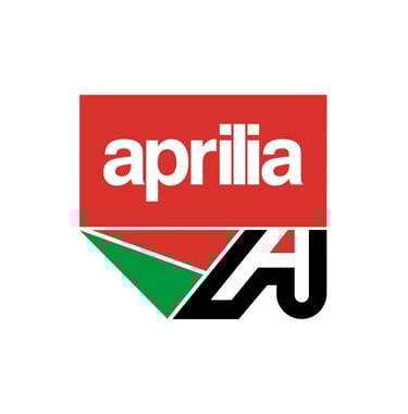 Logo officiel Aprilia, fond rouge avec lettrage blanc et détail graphique vert, blanc, noir