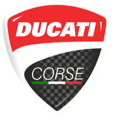 Logo Ducati Corse en forme de bouclier, rouge et noir carbone avec drapeau italien