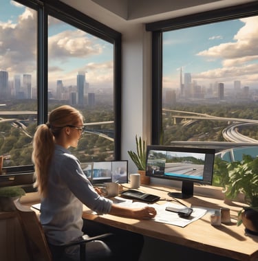 A REALISTIC IMAGE OF A REMOTE WORKER WORKING FROM HOME WHILE WATCHING BUSY FREEWAY FROM HER KITCHEN