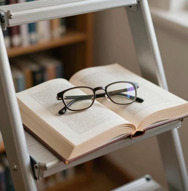 An open book lying on a library ladder, a pair of reading glasses resting on the page. Soft light, #E8E8E4 palette.