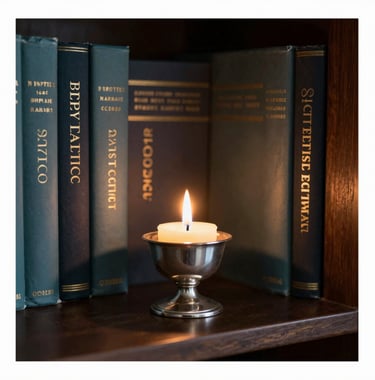 A single lit candle in a silver holder sitting on a bookshelf corner. The light illuminates the gold lettering on book spines. The overall tone is sophisticated and scholarly, using the palette of #1C2826 and #8FA39F.