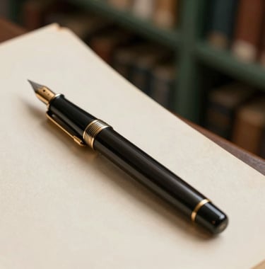 A close-up shot of an antique fountain pen resting on a piece of cream parchment paper (#E8E8E4). The background features a soft focus on dark green library shelves (#4A5F5C). Dramatic side lighting creates long shadows.