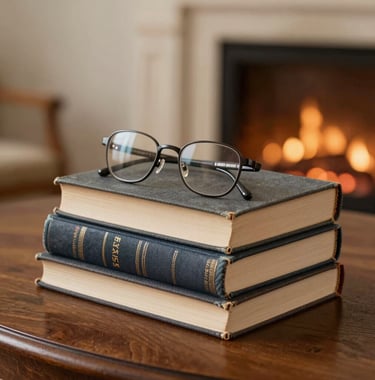 A stack of vintage, cloth-bound books in shades of #4A5F5C and #1C2826. A pair of classic reading glasses rests on the top book. The setting is an elegant wooden table with a soft, warm glow coming from an unseen fireplace.