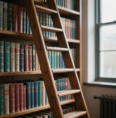 An ornate wooden library ladder leaning against shelves filled with diverse leather-bound books. The lighting is soft and natural, coming from a high window. Brand colors #8FA39F and #E8E8E4 are reflected in the highlights of the wood and paper.