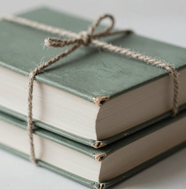 A close-up of a stack of weathered, leather-bound books tied with a hemp string. Tones of #8FA39F and #E8E8E4.
