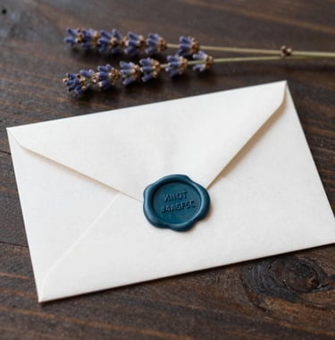 A single, heavy wax-sealed envelope resting on a dark wood surface. The wax seal is a deep teal #4A5F5C. A small sprig of dried lavender lies beside it. High-end, classic aesthetic.