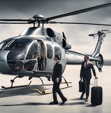 a man and woman standing in front of a helicopter