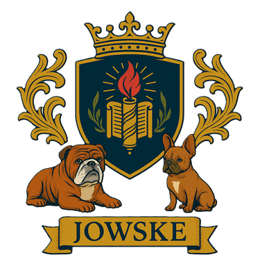 Family crest-style logo featuring a crowned shield with an open book and flame, flanked by ornate golden flourishes and two b