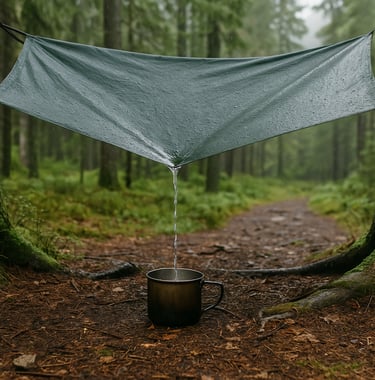 Tarp setup catching rainwater dripping into metal survival cup