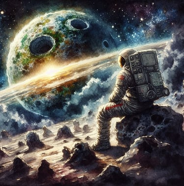 Astronaut seated on an alien world watching the collapse of a planet | simcaart.com
