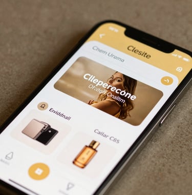 Close-up of a high-end smartphone showing a mobile-responsive e-commerce interface, gold theme, professional photography.