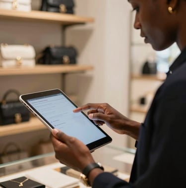 A lifestyle shot of a professional in a Afrique Centrale / Congolais boutique using a tablet to manage orders, elegant lighting, shallow depth of field.