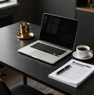 A minimalist, elegant desk setup in a Brazzaville, Afrique Centrale / Congolais agency, with a high-end laptop, a cup of coffee, and professional literature, captured in soft morning light with deep black and gold accents.