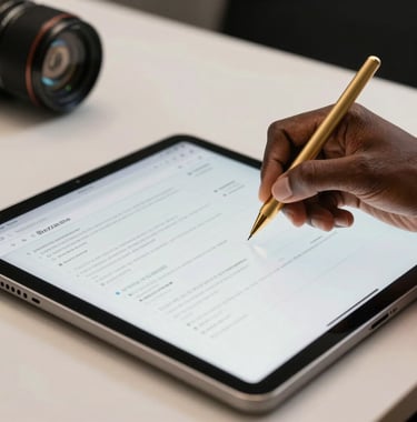 A close-up of a professional Afrique Centrale / Congolais creative director's hand using a gold stylus on a high-tech tablet, showing a website wireframe, set in a sleek Brazzaville studio with soft off-white and deep black decor.