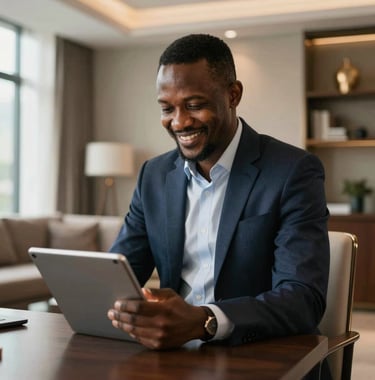 A professional Afrique Centrale / Congolais entrepreneur smiling while working on a tablet in a high-end office in Brazzaville. Soft natural light, professional attire, elegant furniture in the background.