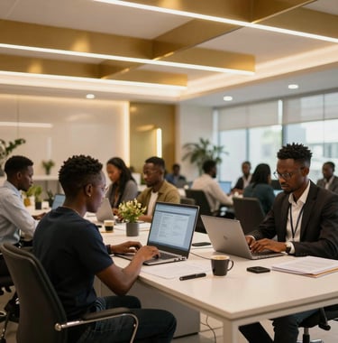 A modern tech collaborative space in Brazzaville, Afrique Centrale / Congolais, where professionals are working in a sophisticated environment featuring gold accent lighting and a clean, luxurious professional layout.