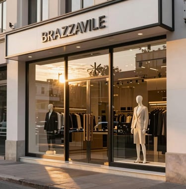 Photography of a luxury storefront in Brazzaville, the evening sun creating golden reflections on the glass, clean and sharp architectural style.