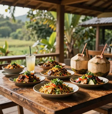 A beautifully prepared farm-to-table lunch spread on a rustic wooden table under a shaded pavilion in a Southeast Asian sanctuary in Quezon Province. Local organic dishes, fresh coconut drinks, warm golden sunlight, earthy green and warm tan color accents, natural and inviting atmosphere.