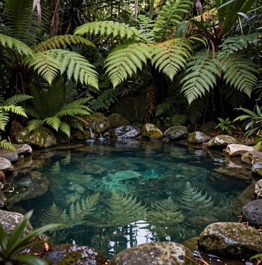 A natural stone spring pool surrounded by lush ferns and dark tropical foliage, clear crisp water reflecting the sky, Lucban, Quezon Province, Southeast Asian oasis.