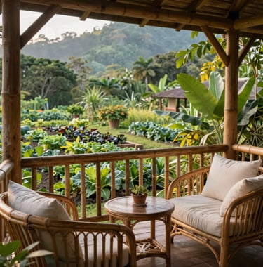 A close-up shot of a cozy rustic cottage balcony overlooking an organic vegetable garden in Lucban, Quezon, Philippines. Elegant native bamboo and rattan furniture with off-white cushions, surrounded by tropical foliage under soft morning light. Serene, natural, premium travel magazine style.