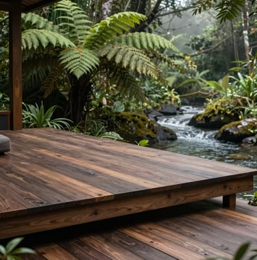A peaceful outdoor meditation deck made of dark natural wood, nestled next to a gentle stream in Lucban, Philippines. The background shows lush green ferns and misty forest under natural, diffused lighting. A serene premium sanctuary retreat vibe, clean and modern layout.