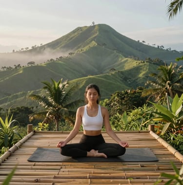 A tranquil bamboo yoga platform overlooking rolling green hills and palms under soft misty morning skies near Mount Banahaw, Quezon Province, Southeast Asian design.