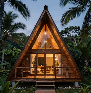 A premium, rustic A-frame wooden cabin nestled in tropical greenery, warm lights inside shining through glass windows, Lucban, Quezon Province, Southeast Asian retreat style, serene evening twilight atmosphere.