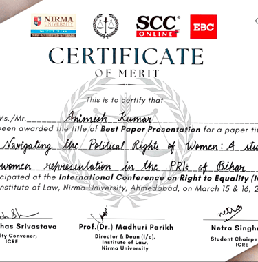 Certificate of merit for Best Paper Presentation at International Conference on Right to Equality