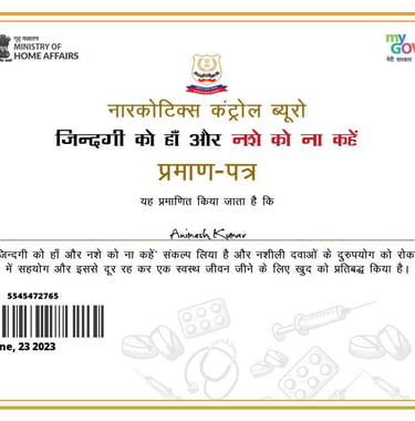 Certificate of pledge against drugs by Narcotics Control Bureau