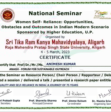 Certificate for paper presentation on Gender Equality and Self-reliance in India