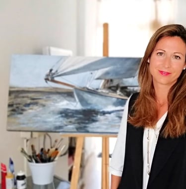 a woman standing in front of a painting