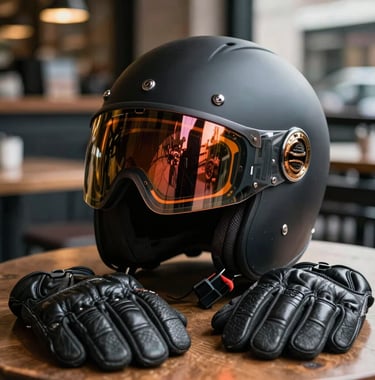 A close-up aesthetic shot of a motorcycle helmet and leather gloves on a table in a Global / International urban cafe. Pitch black and dark graphite tones with orange reflection on the visor.