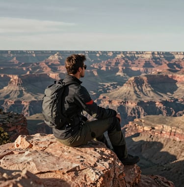 A premium lifestyle shot of a traveler in modern riding gear sitting on a rock overlooking a vast canyon in a Global / International landscape. The lighting is soft and cinematic, with deep shadows and soft grey sky tones.