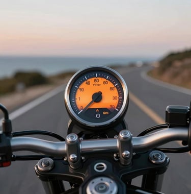 Close-up cinematic shot of a motorcycle speedometer and handlebars reflecting a vibrant orange sunset. The background shows a blurred road stretching into a Global / International coastal horizon.