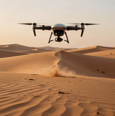 Action shot of a drone being launched by a professional in a Global / International desert setting during golden hour. Burnt orange sand and dark graphite shadows.
