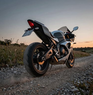 A low-angle dynamic shot of a sport bike's rear wheel kicking up a small amount of dust on a gravel path in a Global / International rural setting. The scene is bathed in charcoal tones with a warm orange glow from the side.