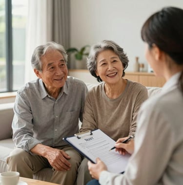 A high-income retiree couple in a modern, sunlit North American living room, smiling and talking with a financial advisor who is holding a professional folder, suggesting trust, authority, and high-value wealth management.